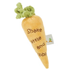 The Bunnies By the Bay Carrot Rattle, featuring green fabric leaves and "Shake, Rattle, and Nibble" embroidery, is ideal for sensory development. It engages children's tactile senses with its plush design while ensuring endless entertainment.