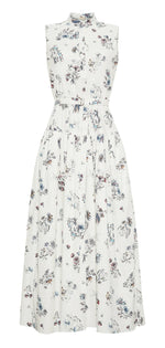 The Arden Dress by Adam Lippes is a sleeveless white dress featuring a floral pattern, button-front, and cinched waist, crafted from Italian cotton poplin.