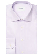 This folded Eton Stripe Signature Twill Shirt flaunts a light purple subtle stripe pattern, crafted for a wrinkle-free finish, and features a classic button-down collar.