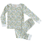 Timo & Violet Kids' The Two Piece Pajamas: organic cotton long-sleeve set with a multicolor nature print of leaves, birds, and branches, plus white cuffs on both sleeves and pants.