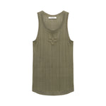 The Summer Ease Rose Top by Dorothee Schumacher is a sleeveless olive green linen-blend tank with ribbed texture, ribbed trim, and a decorative central applique, shown on a white background.