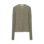 The Dorothee Schumacher Summer Ease Cardigan is an olive green, long-sleeved button-front style with a round neckline and ribbed details, shown against a plain white background.