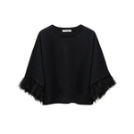 The Dorothee Schumacher Feminine Favorites Shirt is a black, short-sleeve boxy cotton tee with wide sleeves and black ostrich feather trim at the cuffs, shown against a white background.