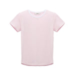 The All Time Favorites Shirt by Dorothee Schumacher is a light pink fitted crew neck tee with short sleeves, made from stretch cotton and displayed flat on a white background.