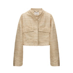 The Shiny Coolness Jacket by Dorothee Schumacher is a beige Lurex-tweed piece with a boxy silhouette, long sleeves, front flap pockets, and a round collar, shown against a white background.