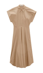 The Dorothee Schumacher Poplin Power Dress is a beige cotton shirtdress with a tailored waist, short sleeves, collared neckline, button-up front, and flared skirt, shown on a white background.