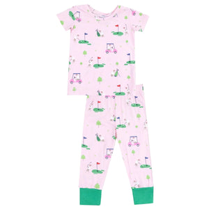 Angel Dear’s Baby and Kids' Dog Gone Golf Short Sleeve Loungewear Set features green cuffs and golf-themed prints—perfect for little ones and practical during potty training.