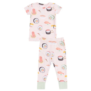Angel Dear's Baby and Kids' Sushi Short Sleeve Loungewear Set features a snug fit, a short sleeve top, and long pants with a playful sushi print on light pink.