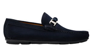 Introducing Magnanni's Monterey Braid Bit Driver Loafer: a navy blue suede gem with a silver buckle, calfskin upper, and black rubber sole, seamlessly merging classic elegance with the comfort of a driving shoe.