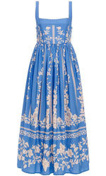 The Barbara Dress by Agua By Aguabendita is a sleeveless blue midi dress with a square neckline, fitted bodice, ivory floral embroidery, an A-line silhouette, and a full gathered skirt.