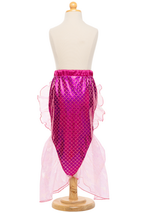 A wooden dress form displays the Mermaid Glimmer Skirt and Tiara from Great Pretenders, featuring an iridescent foil print with a shiny scaled skirt and sheer side fins.