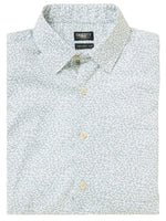 The Short-Sleeve Movement™ Monterey Shirt by Faherty is a folded white button-up, made from Supima cotton with a subtle green leaf pattern for all-day comfort, featuring a visible label on the collar.