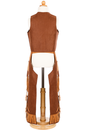 Back view of the Great Pretenders Cowboy Vest and Chaps, 7-8 in brown suede with fringe detailing, shown on a mannequin.