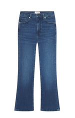 The Reboot Crop by Frame: blue denim jeans with a mid-rise waist, five pockets, cropped inseam, and a slight flare hem. Made from ultra-stretchy cotton blend and shown laid flat on a white background.