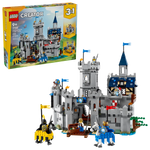 The LEGO® Creator™ 3-in-1 Medieval Horse Knight Castle by Legos - Toyhouse features knights, horses, and a detailed gray castle; product box displayed in the background.