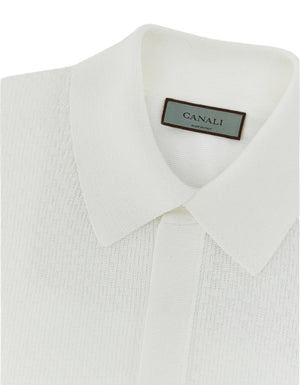White Micro-Structured Cotton Polo Shirt by Canali, featuring a pointed collar and perfect for summer looks with its Canali label on the inside.