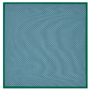 The image features a grid of small teal squares with a dark green edge, echoing the elegance of Canali's Silk Pocket Square.