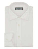 The Canali Elevated Classic White Shirt features a spread collar, French placket, and buttoned cuffs in luxurious Impeccabile cotton, designed for modern businessmen seeking impeccable formal looks.