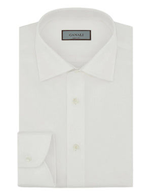 The Canali Elevated Classic White Shirt features a spread collar, French placket, and buttoned cuffs in luxurious Impeccabile cotton, designed for modern businessmen seeking impeccable formal looks.