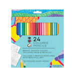 Bright Stripes Colored Pencils come in a box of 24 smooth, vibrant shades—featuring neon and metallic colors—and include two printed postcards plus a techniques guide for drawing and shading.