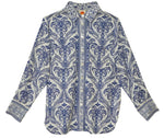 The Blue Tropical Cameo Off-White Pajama Shirt by Farm Rio features blue and white paisley and floral prints, crafted from LENZING™ ECOVERO™ eco-responsible fibers, shown flat on a white background.