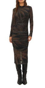 Someone is wearing Farm Rio's Golden Foliage Black Tulle Midi Dress paired with knee-high black boots.