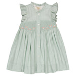 The Kidiwi Lolyne Smocked Dress for baby girls and girls is a light green summer essential, featuring flutter sleeves, front buttons, and floral embroidery on the yoke with a charming hand-smocked waist.