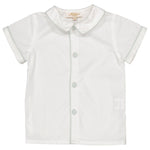Boy's white short-sleeve shirt made from soft cotton poplin, featuring light blue trim and buttons, with a Peter Pan collar for a classic look. The label inside reveals the Kidiwi brand and size information for the "Baby Boys' and Boys' Lucien White Poplin Shirt.