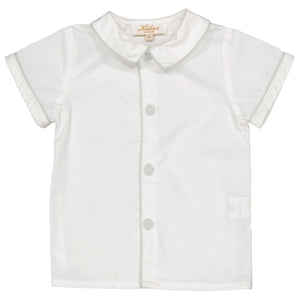 Boy's white short-sleeve shirt made from soft cotton poplin, featuring light blue trim and buttons, with a Peter Pan collar for a classic look. The label inside reveals the Kidiwi brand and size information for the "Baby Boys' and Boys' Lucien White Poplin Shirt.