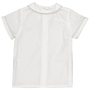 Back view of the Kidiwi Baby Boys' and Boys' Lucien White Poplin Shirt, a short-sleeved 100% cotton shirt featuring a simple collar and subtle edge trim for added comfort.