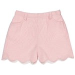 The Girls' Sandra Short by Kidiwi features a pink stripe design in 100% linen. Handmade with charm, they include belt loops, front pockets, and scalloped hems.
