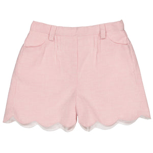 The Girls' Sandra Short by Kidiwi features a pink stripe design in 100% linen. Handmade with charm, they include belt loops, front pockets, and scalloped hems.