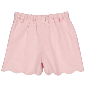 Introducing the Girls' Sandra Short by Kidiwi: pink high-waisted shorts made from 100% linen with a ruffled elastic waistband, scalloped hem, and a subtle striped pattern for added elegance.