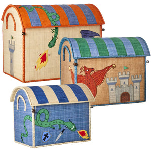 These three handmade fabric storage chests feature medieval designs: a fire-breathing dragon on blue and orange, a red dragon with a castle on tan, and a green dragon with sword and shield on blue and beige. They are unique alternatives to the Rice Raffia Toy Basket.