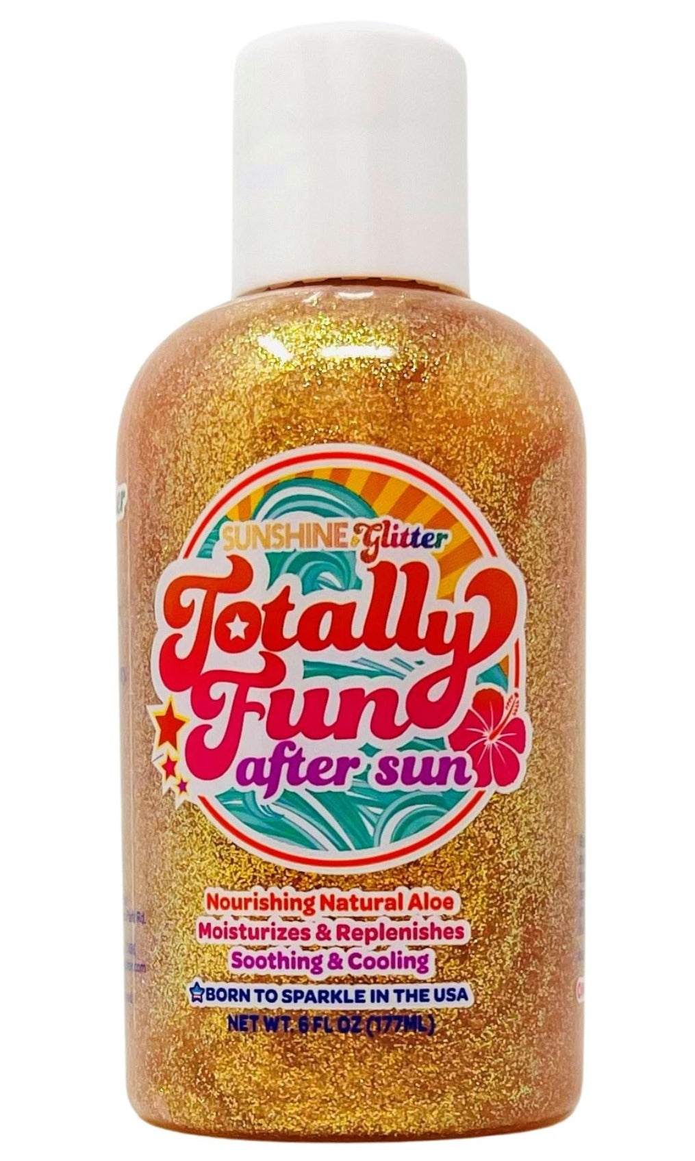A bottle of Sunshine Glitter’s Totally Fun After Sun Glitter Gel, featuring gold glitter, nourishes, soothes, cools, and hydrates your skin with after sun aloe gel for sunburn relief.