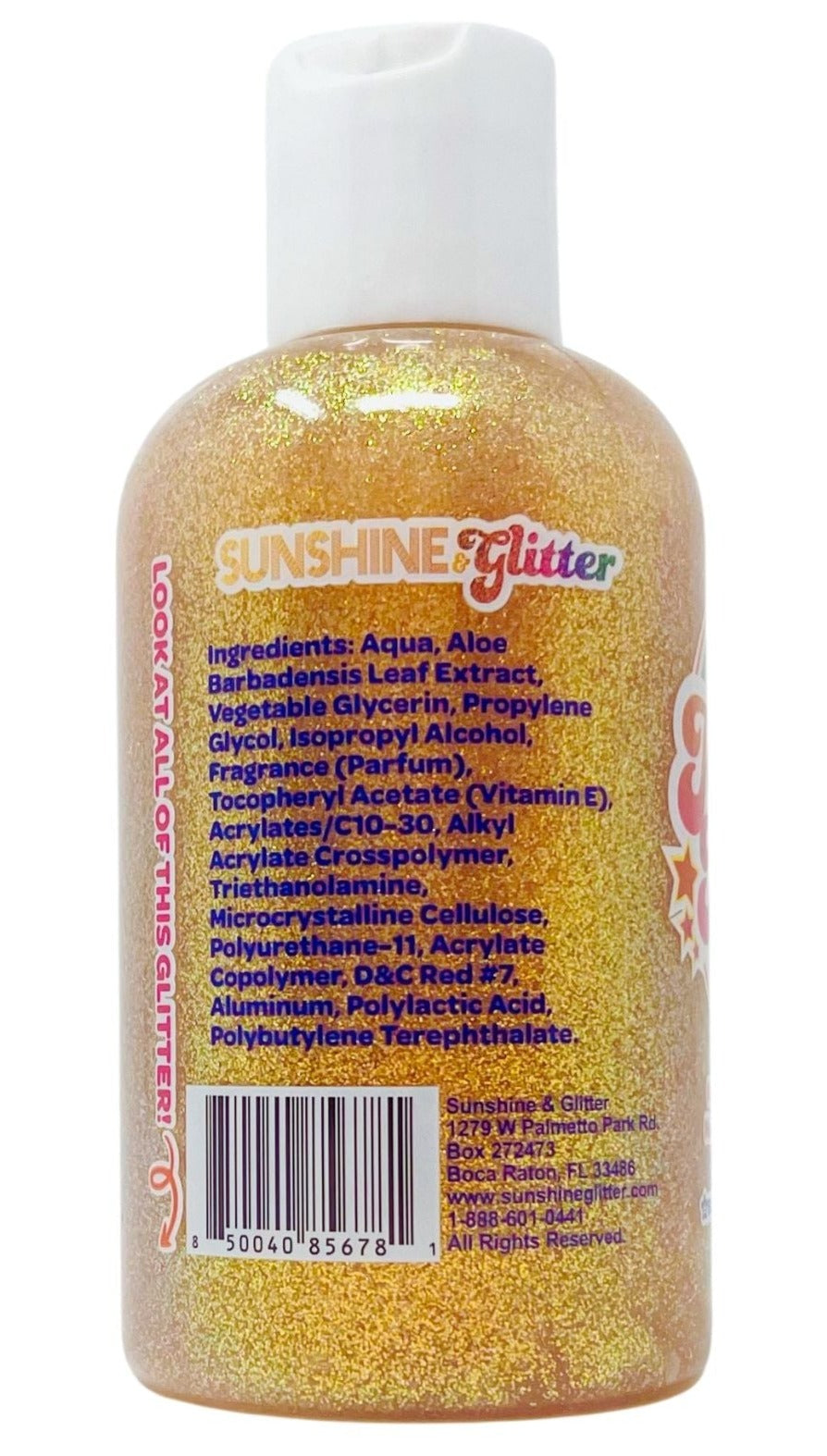 A bottle of Sunshine Glitter’s Totally Fun After Sun Glitter Gel with gold glitter, featuring the ingredient list and barcode on the back label—perfect for rehydrating skin after sun exposure.