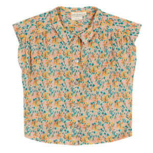 The Arsene & Les Pipelettes Girls' Florella Top is a short-sleeved, button-down blouse with a vibrant orange, teal, and yellow floral print on light peach—perfect for any casual occasion.