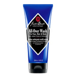 Jack Black All-Over Wash, 10 oz blue tube, is a sulfate-free cleanser for face, hair, and body. It features Jojoba Protein and Panthenol for essential moisture in a pH-balanced formula.