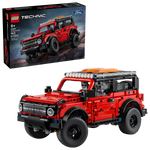 A LEGO® Technic™ Ford Bronco® SUV from Legos - Toyhouse is shown built in red below its box, featuring the same off-road vehicle—an ideal STEM building toy for aspiring young engineers.