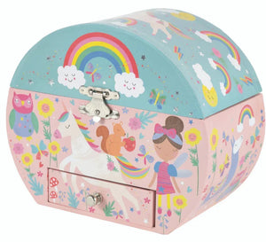 The Floss and Rock Rainbow Fairy Oval Shape Jewelry Box features a pastel dome design with unicorns, fairies, and woodland animals, plus a latch and a bottom drawer for storing treasures.