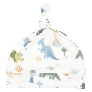 The Angel Dear Baby Knotted Hat is crafted from soft, stretchy fabric and features a colorful dinosaur and plant print in blue, green, yellow, and orange. Pairs perfectly with our coordinating Knotted Gown.