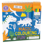 The Floss and Rock "Magic Colouring Fun - Dinosaur" is a spiral-bound book featuring dinosaur illustrations and includes four magic colouring-in pens on the cover.
