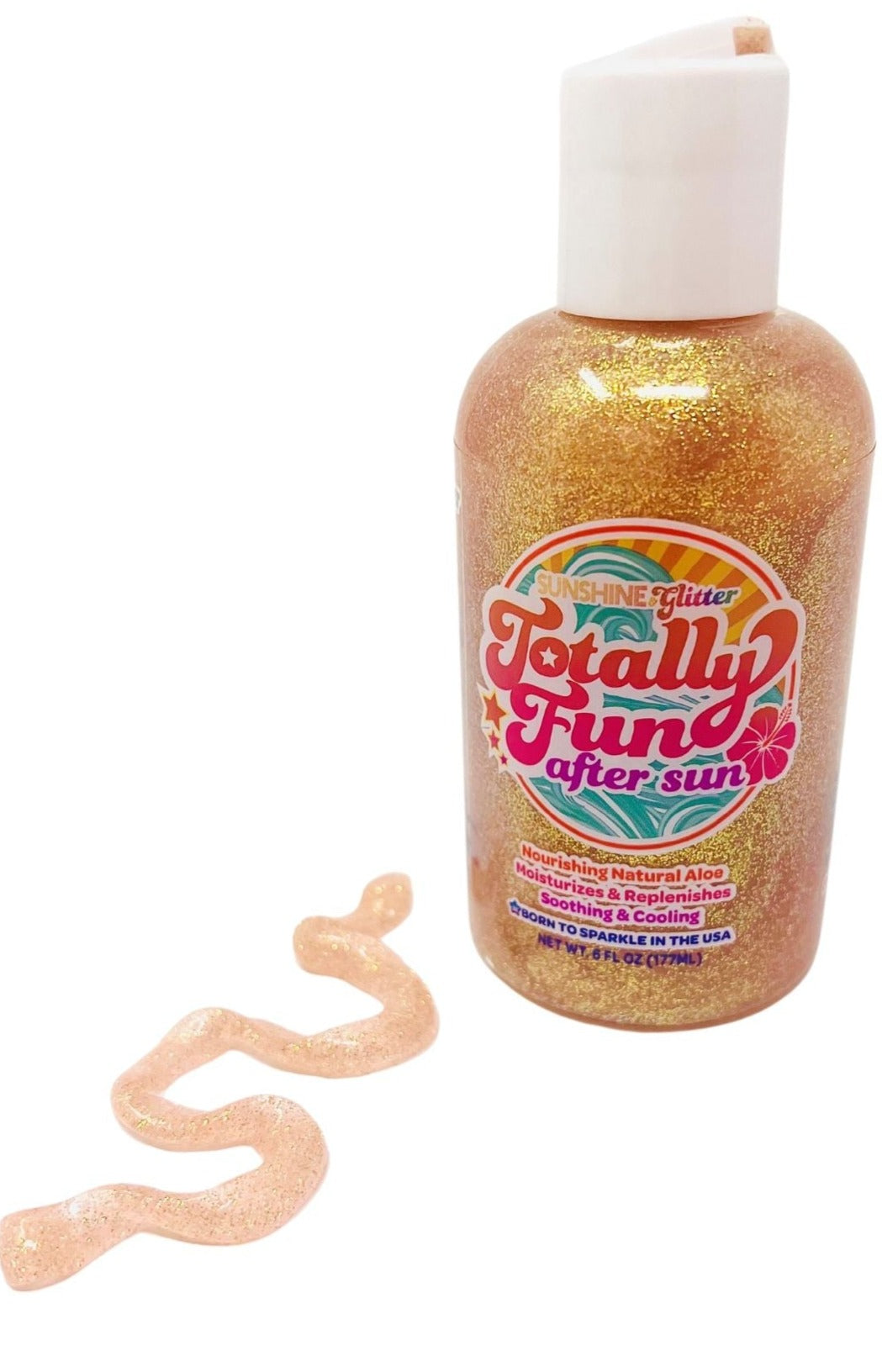A bottle of Sunshine Glitter Totally Fun After Sun Glitter Gel with gold sparkle, shown beside a swirl of gel—perfect for rehydrating skin and adding shimmer after sun exposure.