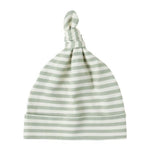 The Quincy Mae Knotted Baby Hat features soft brushed jersey in light green and white stripes, a single top knot, and is shown against a plain white background.