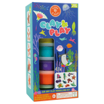 Floss and Rock’s Clay & Play - Ocean kit includes 10 vibrant clay colors in containers, with underwater theme illustrations and example sea creature models shown on the packaging.