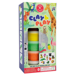 Floss and Rock’s Clay & Play - Jungle modelling kit features 10 colored clay tubs, vibrant jungle animal illustrations, and a clear window displaying the clay containers inside.