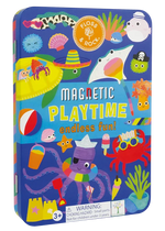 Floss and Rock’s "Magnetic Playtime - Ocean" is a colorful magnetic tin featuring playful underwater animals, pop-out magnets, and a warning about small parts for children under 3 years.