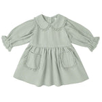 The Quincy Mae Baby Girls’ and Girls’ Marisol Dress in light green features a Peter Pan collar, lace ruffle trim, ruffled cuffs, and two front pockets.