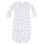 The Angel Dear Baby Vintage Elephant ABC Bundle Gown (0-3M) is a soft, long-sleeve white sleep sack made from bamboo viscose, featuring cute elephant and alphabet prints, a convenient front zipper, and a cozy closed bottom.