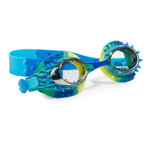 Bling2O’s Prehistoric Times Swim Goggles feature a spike-embossed silicone strap and jagged, teeth-like edges around the lenses for a fierce aquatic style in blue and green.